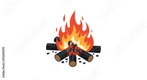 burning campfire with wooden logs and vibrant flames hand drawn illustration for outdoor and camping