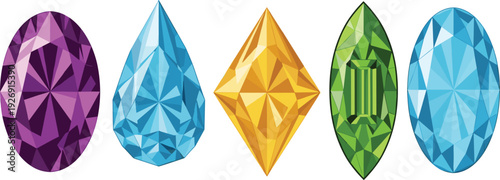 Colorful Gemstone Collection Vector Illustration Featuring Faceted Diamond Sapphire Emerald and Amethyst Jewels