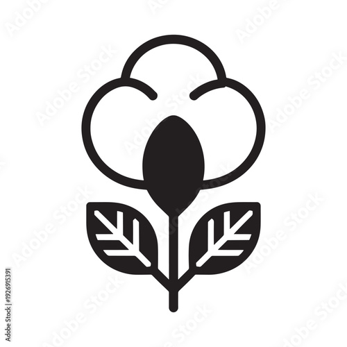 Simple black and white illustration of a cotton plant with leaves