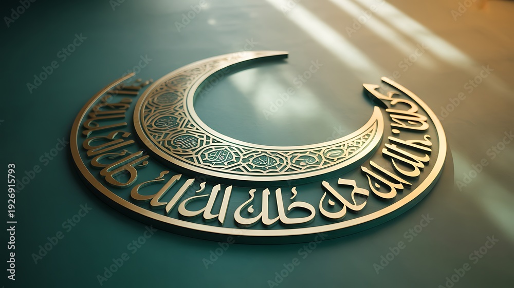 Obraz premium Golden Islamic Calligraphy Crescent Moon Emblem image