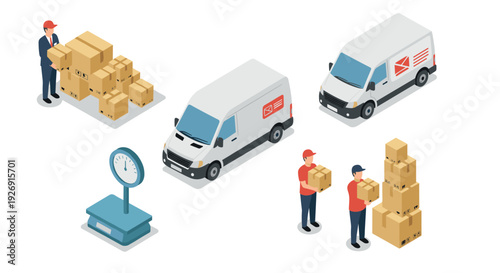 isometric delivery service icons set with postman holding parcels vans and package weighing scale in flat design