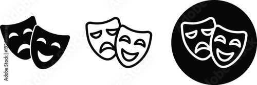 Theatrical masks representing comedy and tragedy in black and white