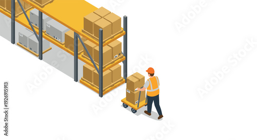 warehouse worker pushing hand truck with boxes near shelves loading and storage isometric vector illustration