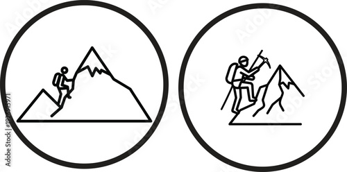 Mountain climbers in oval frames depiction