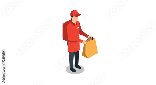 Delivery person in uniform holding a bag in isometric style