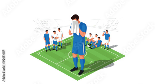 soccer players resting on field during break with one player wiping face in hand drawn isometric style