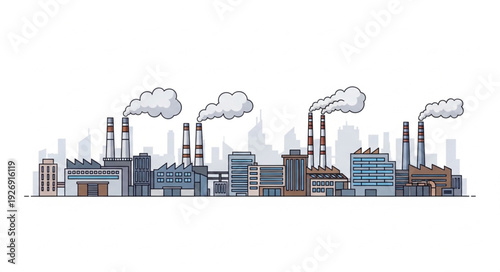 Industrial cityscape illustration depicting factories with smoke stacks and pollution emissions.