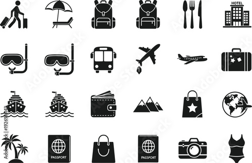 Travel and Tourism Icons Set, Vacation Transportation Hotel Beach Adventure Symbols Black Silhouette Vector Illustration Collection