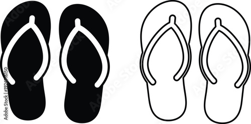 A pair of black and white flip flops side by side