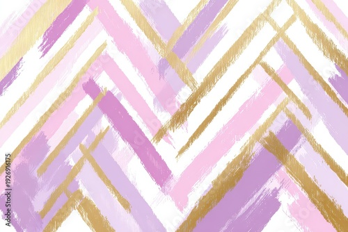 Abstract Chevron Pattern with Gold Accents on White Background in Pastel Pink and Purple Shades