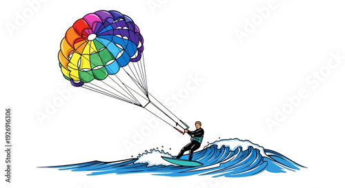 Man parasailing on a wave with a colorful parachute.