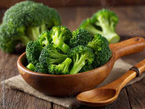 Sliced broccoli in wooden bowl with whole broccolis in background