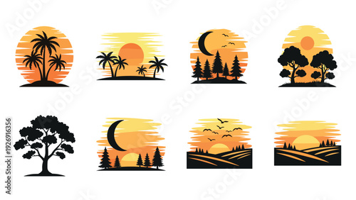 set of eight hand drawn sunset and sunrise nature landscape illustrations with trees palm trees birds and moon