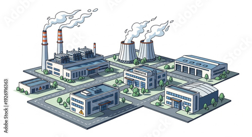 Complex industrial plant with multiple buildings and smokestacks emitting pollution into the atmosphere.