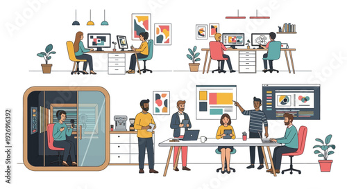 Creative professionals collaborating in a modern office environment.