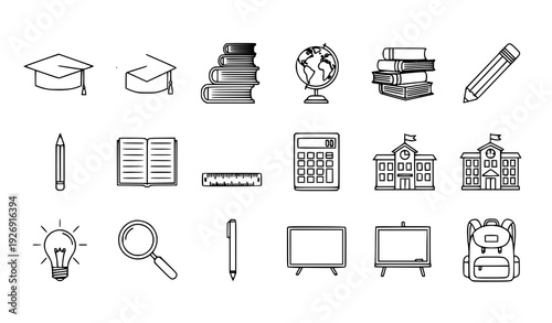 Minimalist education outline icon set with school, learning, and study elements for apps and websites