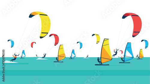 colorful kitesurfing and windsurfing activity on water in flat minimal style