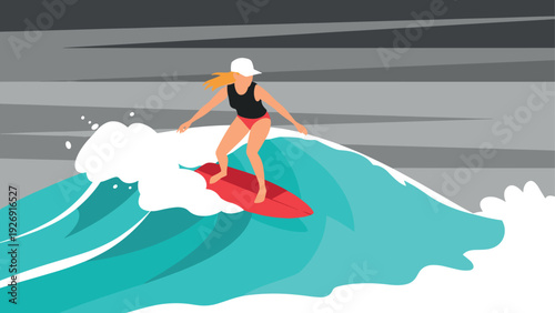 woman surfing on a wave with a red surfboard flat illustration design