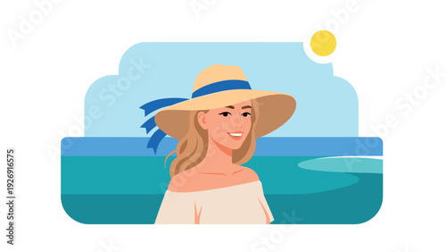 woman wearing summer hat with blue ribbon enjoying sunny seaside hand drawn flat illustration