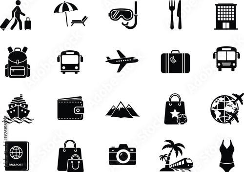 Travel and Vacation Icons Collection, Tourism Transportation Hotel Beach Adventure Black Silhouette Vector Illustration Set