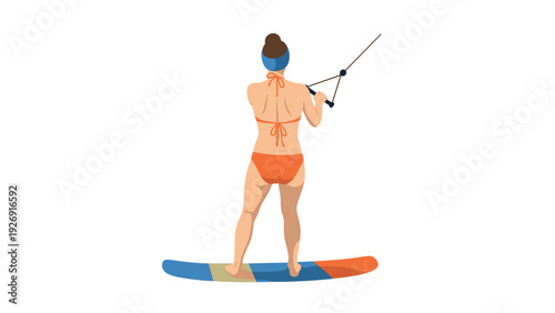 woman in orange bikini and headband kite surfing on colorful board flat vector illustration
