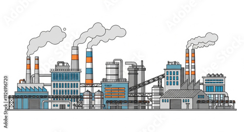 Industrial complex illustration depicting factories with smoke stacks and emissions into the atmosphere.