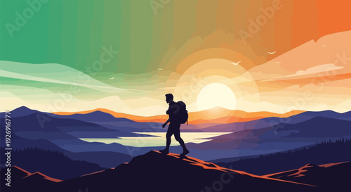 Silhouette of a hiker on a mountain peak at sunset with a backpack.