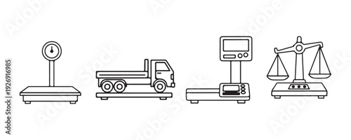 Scales and a truck on various weighing platforms illustration