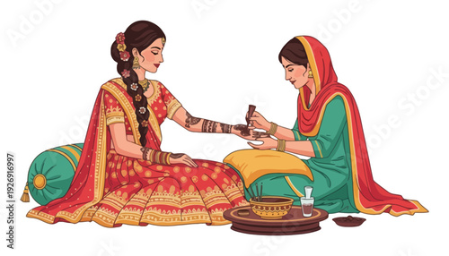 Henna artist applying henna design on a woman's hand in traditional Indian clothing