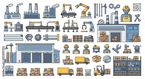 Industrial factory and warehouse icons representing manufacturing and logistics processes.
