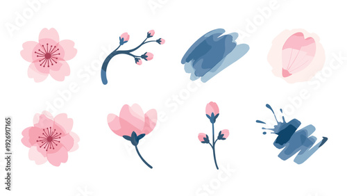 hand drawn cherry blossom flower and branch set with watercolor style blue brush strokes