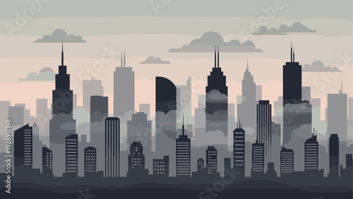 city skyline with skyscrapers and clouds in flat style urban landscape illustration