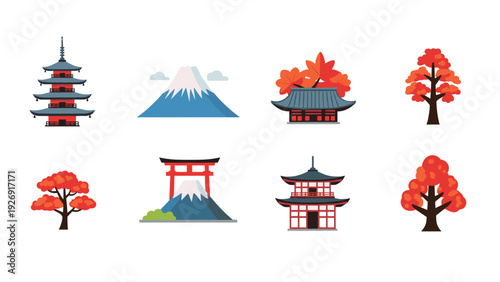 collection of traditional Japanese landmarks and autumn trees hand drawn flat icons