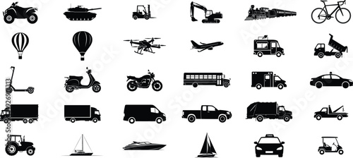 Collection of various vehicle silhouettes for transportation and travel