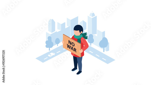 young person holding no war sign in isometric city urban environment illustration