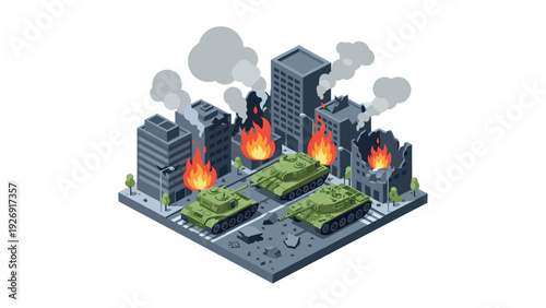 isometric urban battle scene with three tanks and burning buildings in hand drawn style