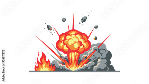 explosion with fire smoke and flying debris in flat cartoon style for action or danger illustration