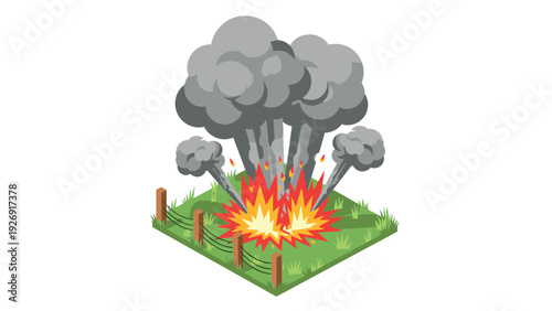 isometric electrical explosion with flames and smoke on green grass in cartoon style