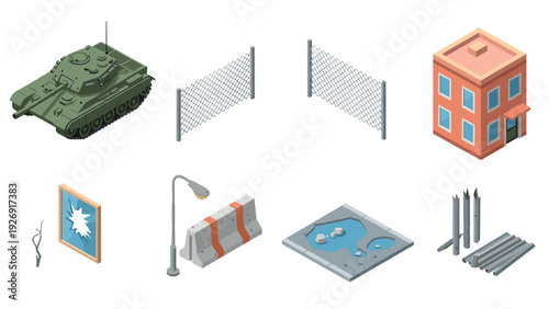 isometric military tank broken fence damaged building shattered window streetlight concrete barrier broken fence posts and pothole street elements collection