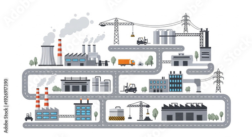 Industrial complex illustration depicting factories, infrastructure, and urban development.