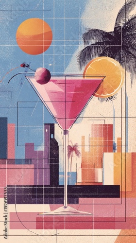Retro synthwave cocktail drink with cityscape and palm tree