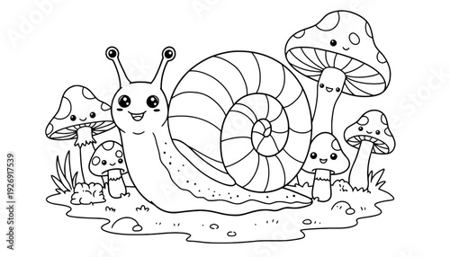 A snail illustration with mushrooms and a happy face in a garden