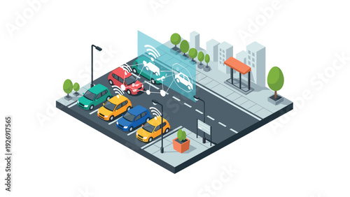 isometric smart parking lot with connected cars and wireless communication technology illustration