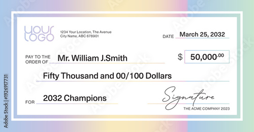 Giant Cheque Template for Charity Prize Presentation Checks, Blank Check Layout