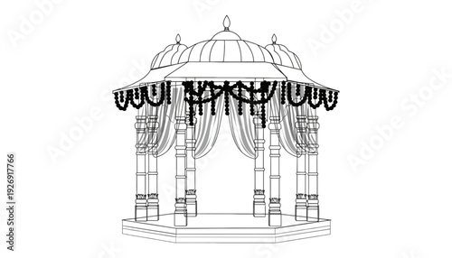 A gazebo illustration with a dome roof and decorative curtains and beads