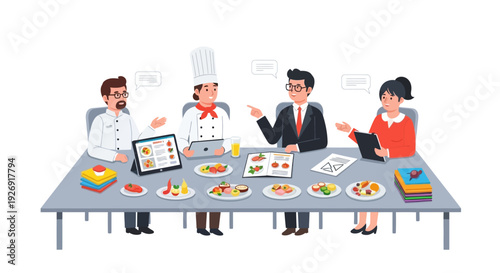 Culinary professionals evaluating food dishes at a table.