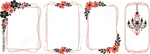 A set of floral frame illustrations with pink and black flowers