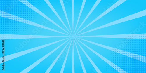 Comic background. Pop art texture. Starburst cartoon style. Anime design with explosion effect for print. Fun dot pattern. Blue backdrop with halftone gradient. Funny line frame. Vector illustration