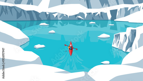 person kayaking in icy lake surrounded by snow covered mountains flat vector illustration