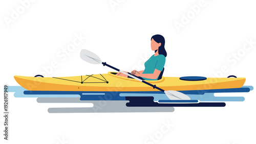 woman kayaking in yellow kayak with paddle on water hand drawn illustration